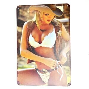 Cowgirl Pin Up Tin Sign 12×8 Western Bikini Sheriff Retro Metal Wall Art Decor
